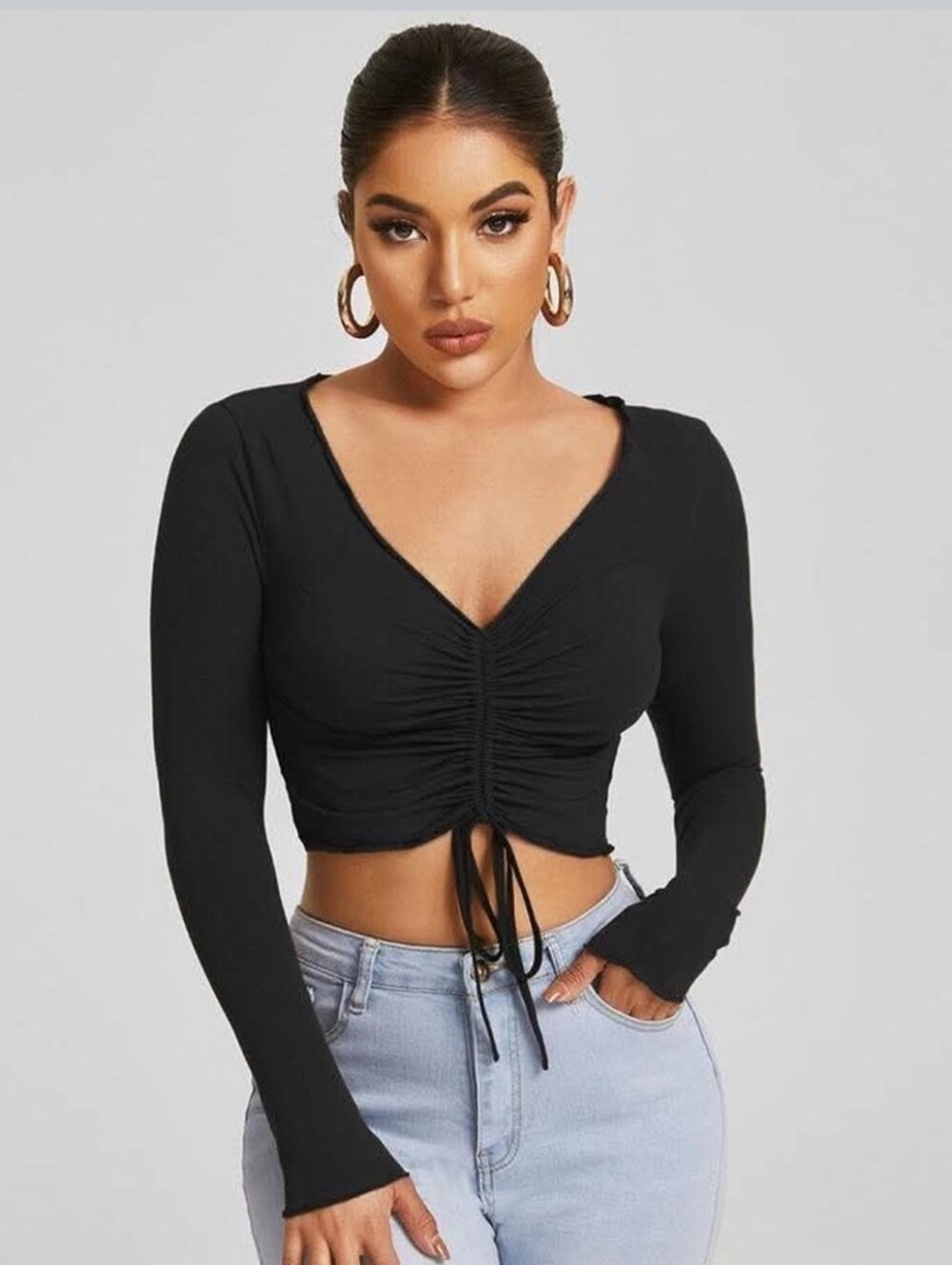 NWT. Ambiance Black Long Sleeve Drawstring Crop top. Medium